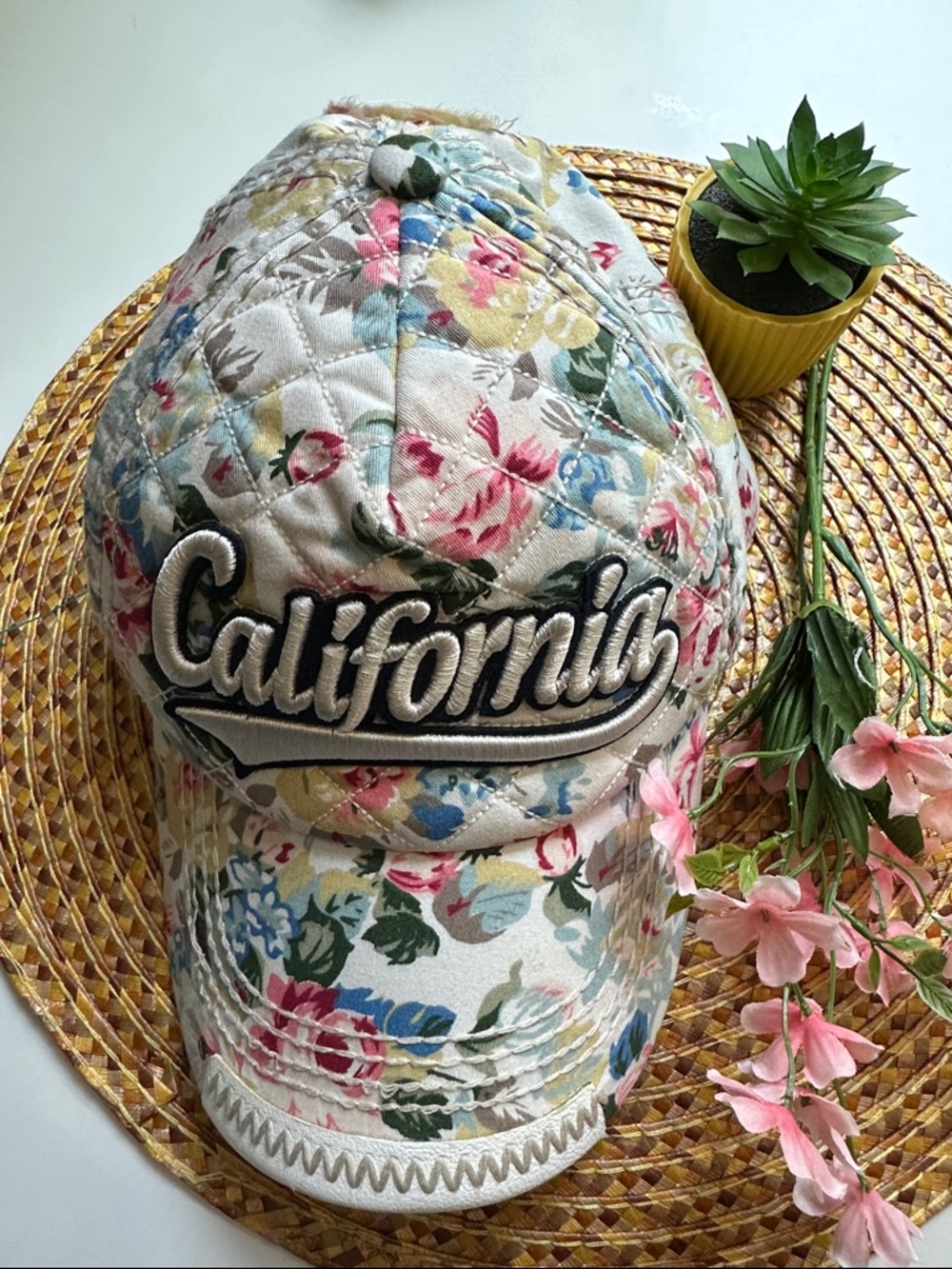 Robin Ruth Floral Quilted Cap in Cream with Pink, Yellow, Blue and Green Accents